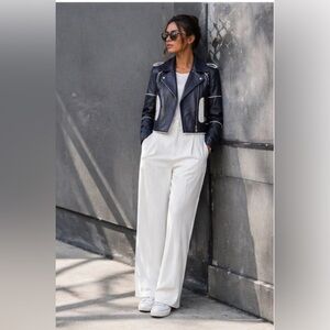 Retro Diane von Furstenberg navy biker genuine leather jacket